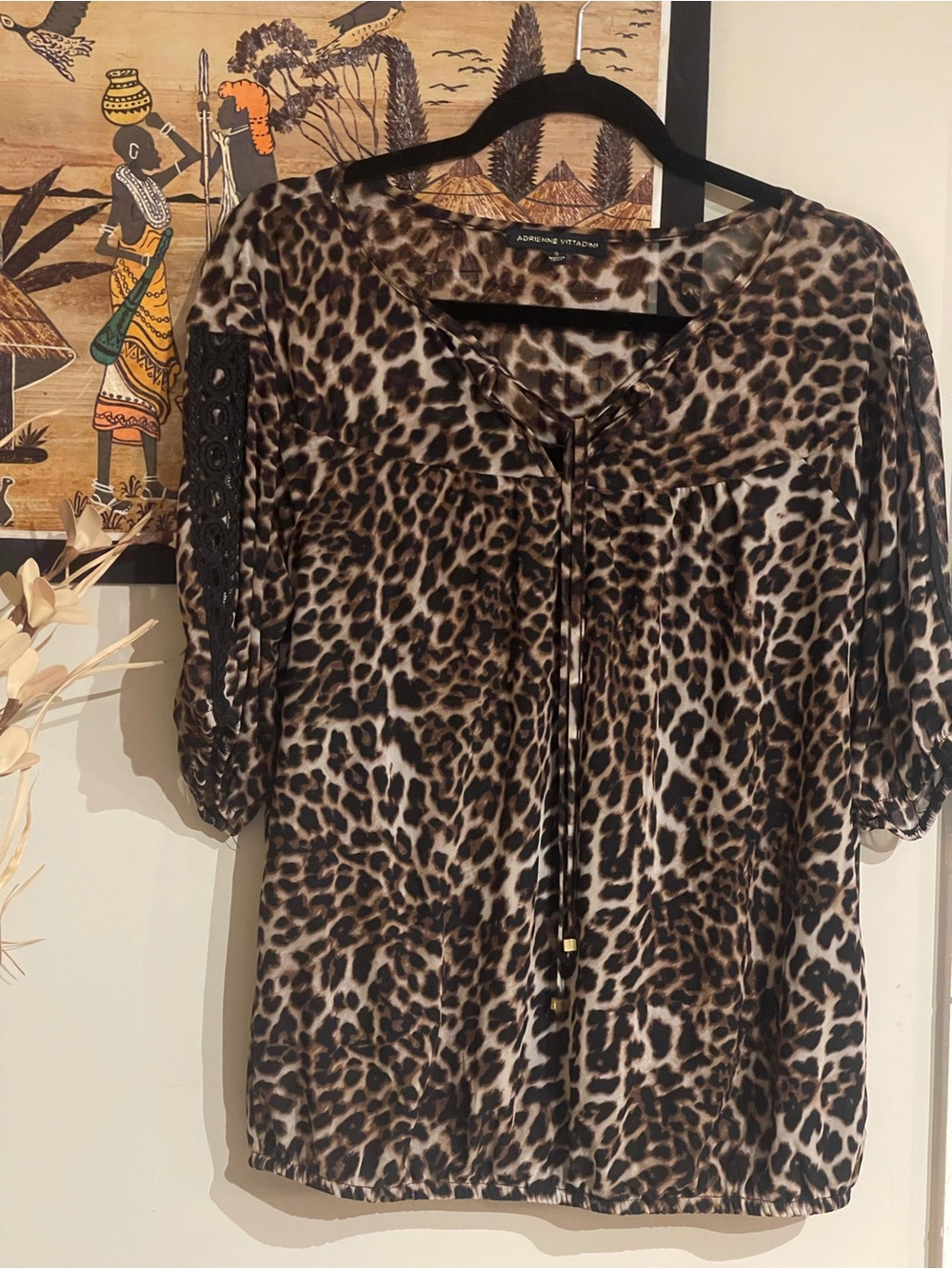 Adrienne Vittadini Leopard-Print Brown and Black Tie-Front Blouse